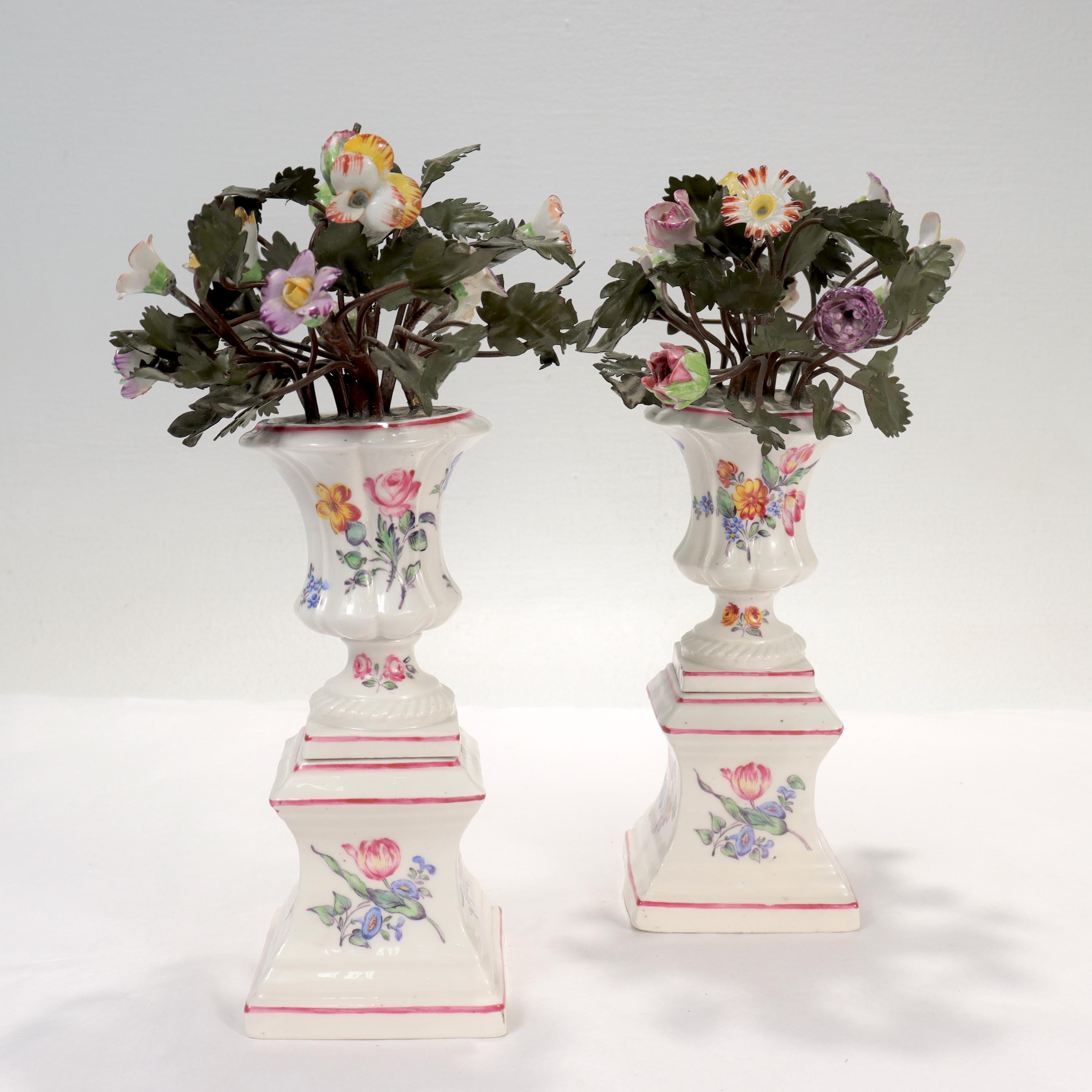 Rococo Pair Antique Samson Mennecy Style Tole Peinte & Porcelain Flower Vases/Cachepots For Sale