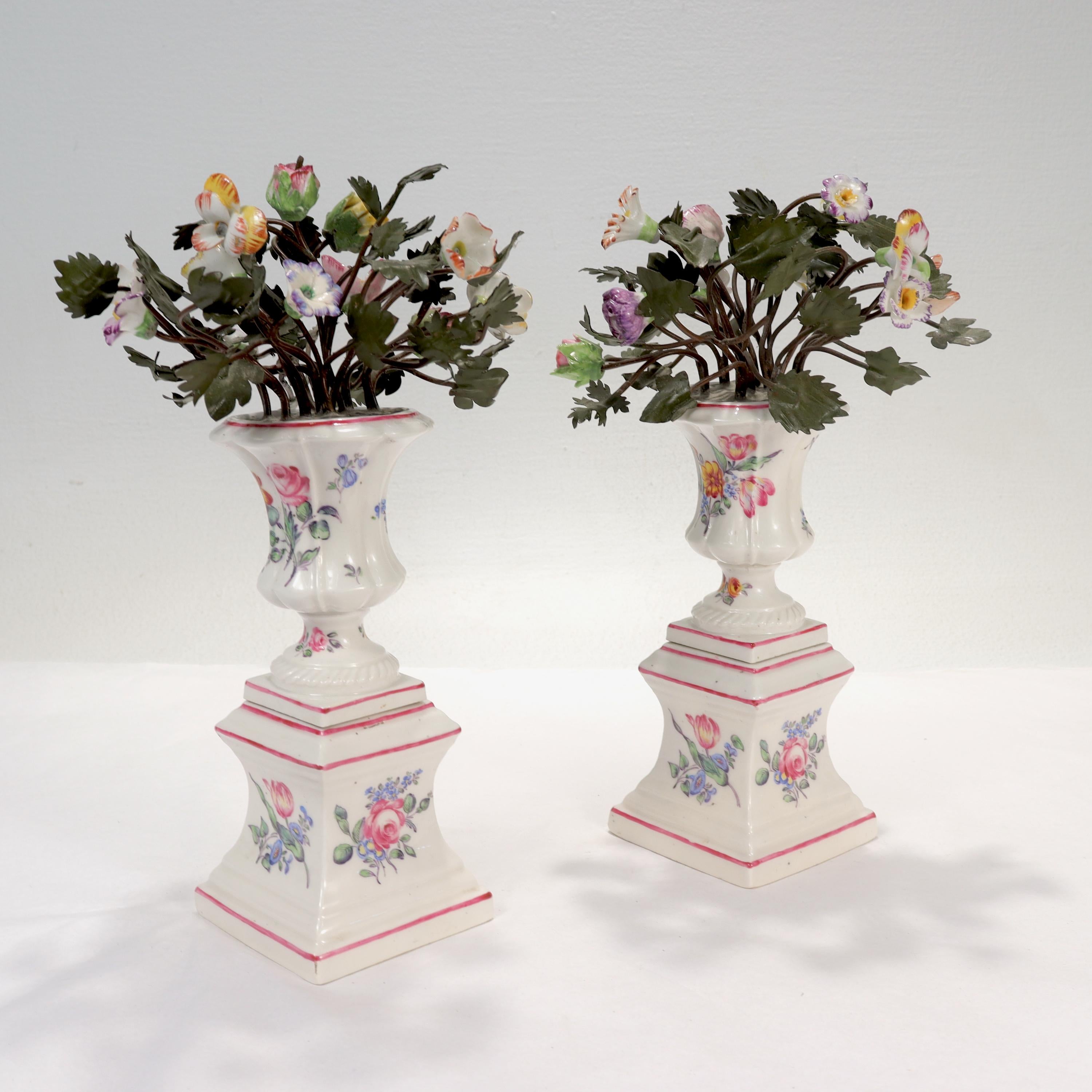 French Pair Antique Samson Mennecy Style Tole Peinte & Porcelain Flower Vases/Cachepots For Sale