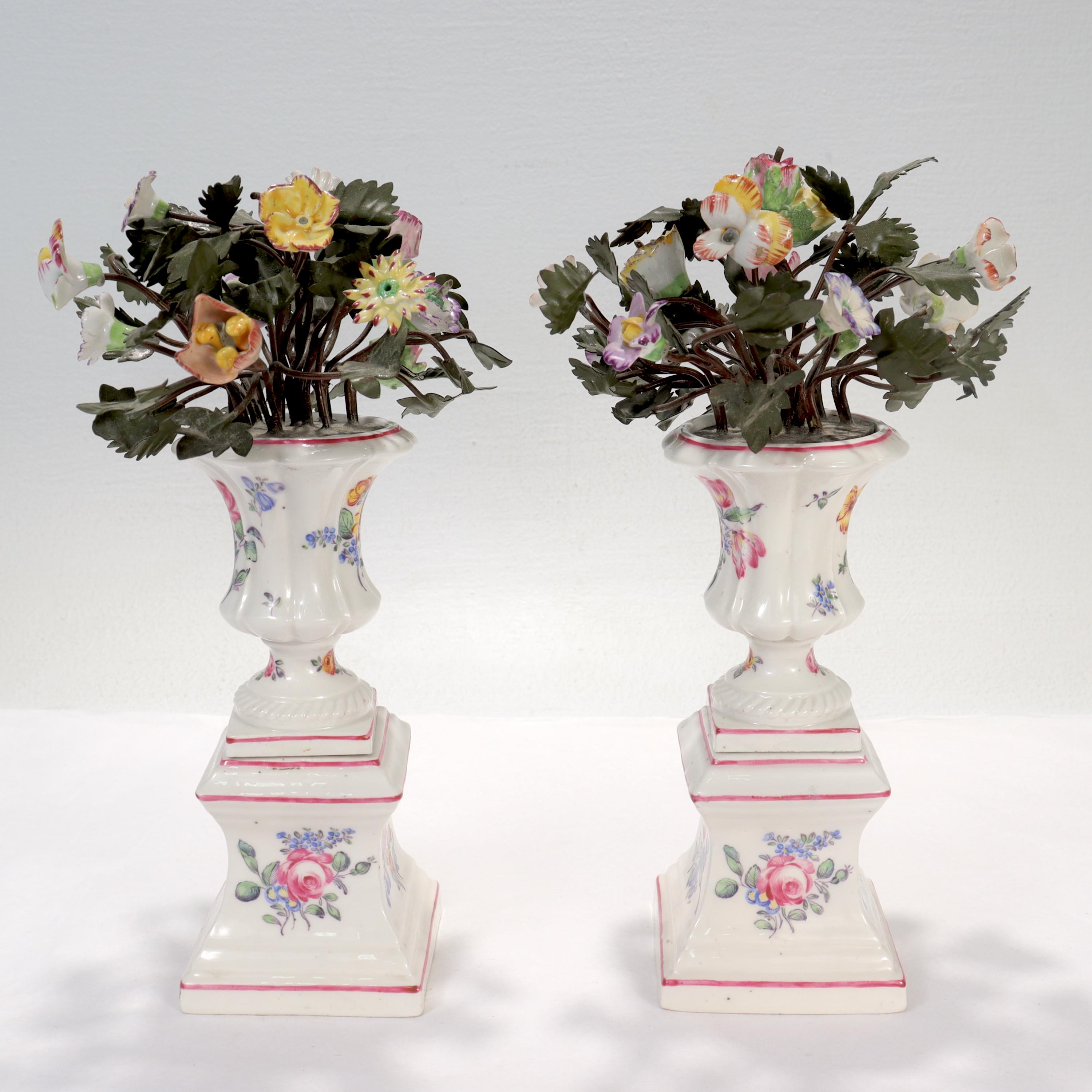 Hand-Painted Pair Antique Samson Mennecy Style Tole Peinte & Porcelain Flower Vases/Cachepots For Sale