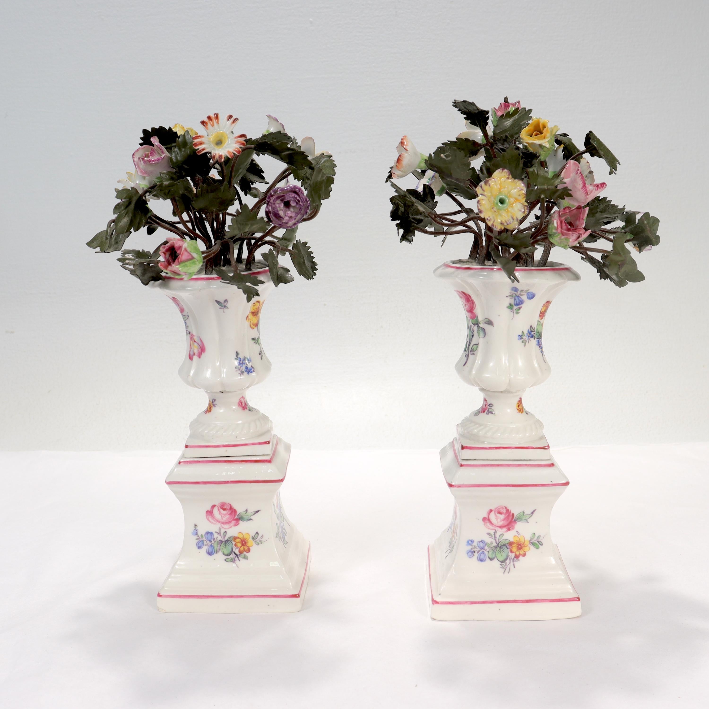 20th Century Pair Antique Samson Mennecy Style Tole Peinte & Porcelain Flower Vases/Cachepots For Sale