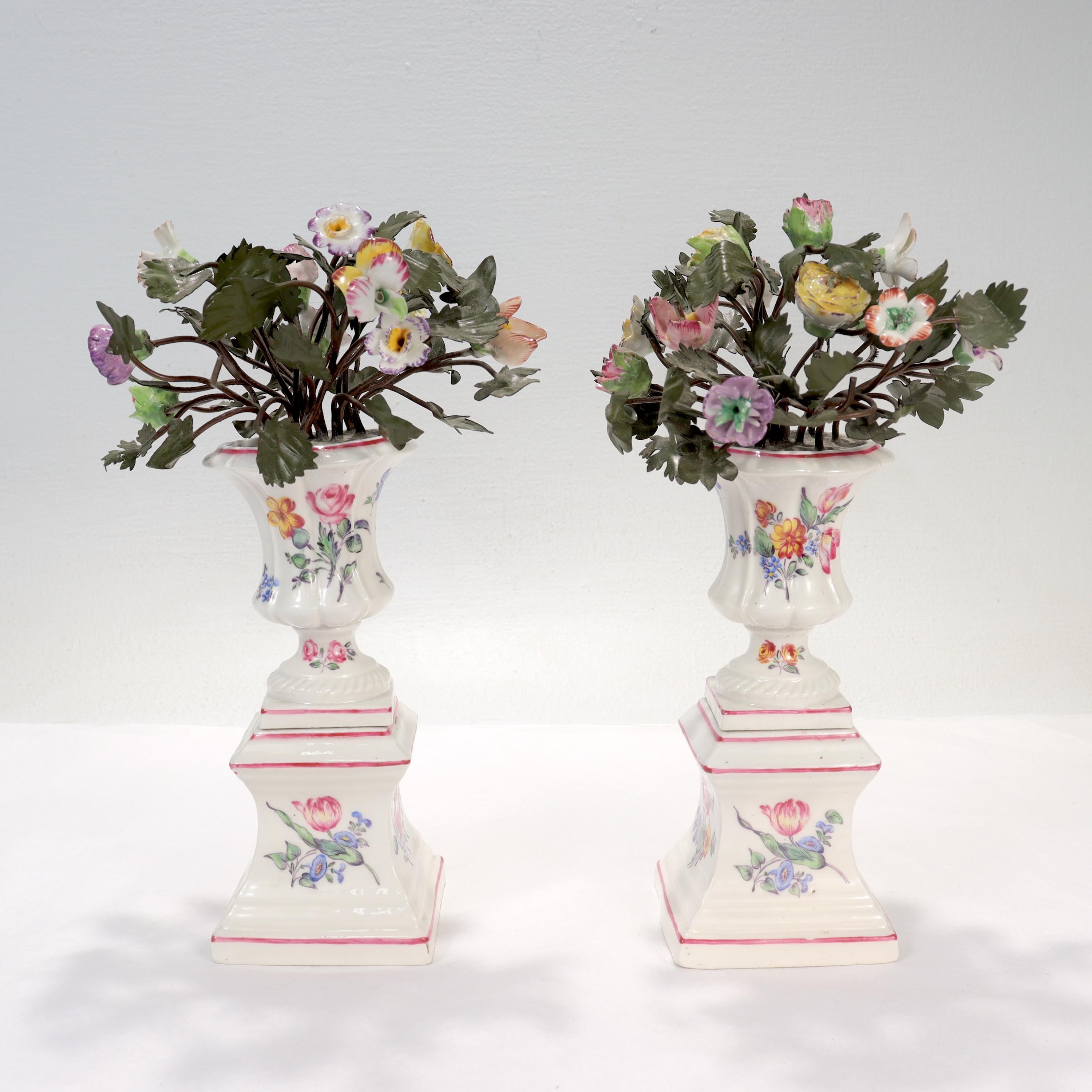 Pair Antique Samson Mennecy Style Tole Peinte & Porcelain Flower Vases/Cachepots For Sale 1
