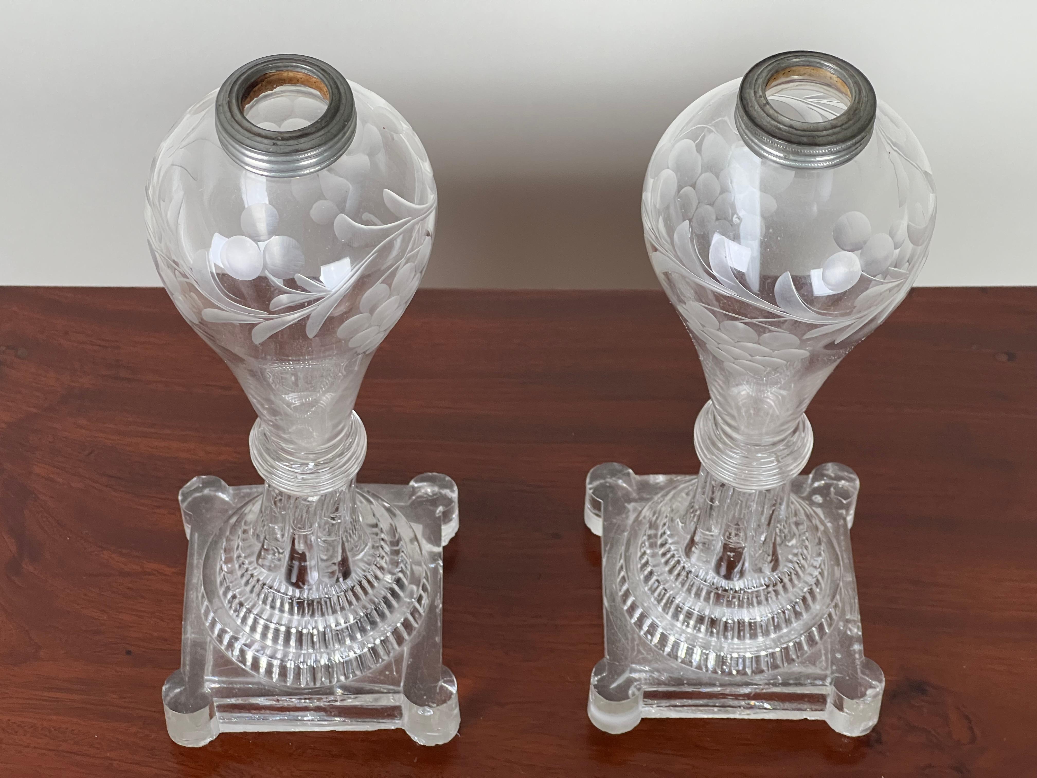 Early 19th Century Pair Antique Sandwich Glass Whale Oil Lamps c. 1820 For Sale