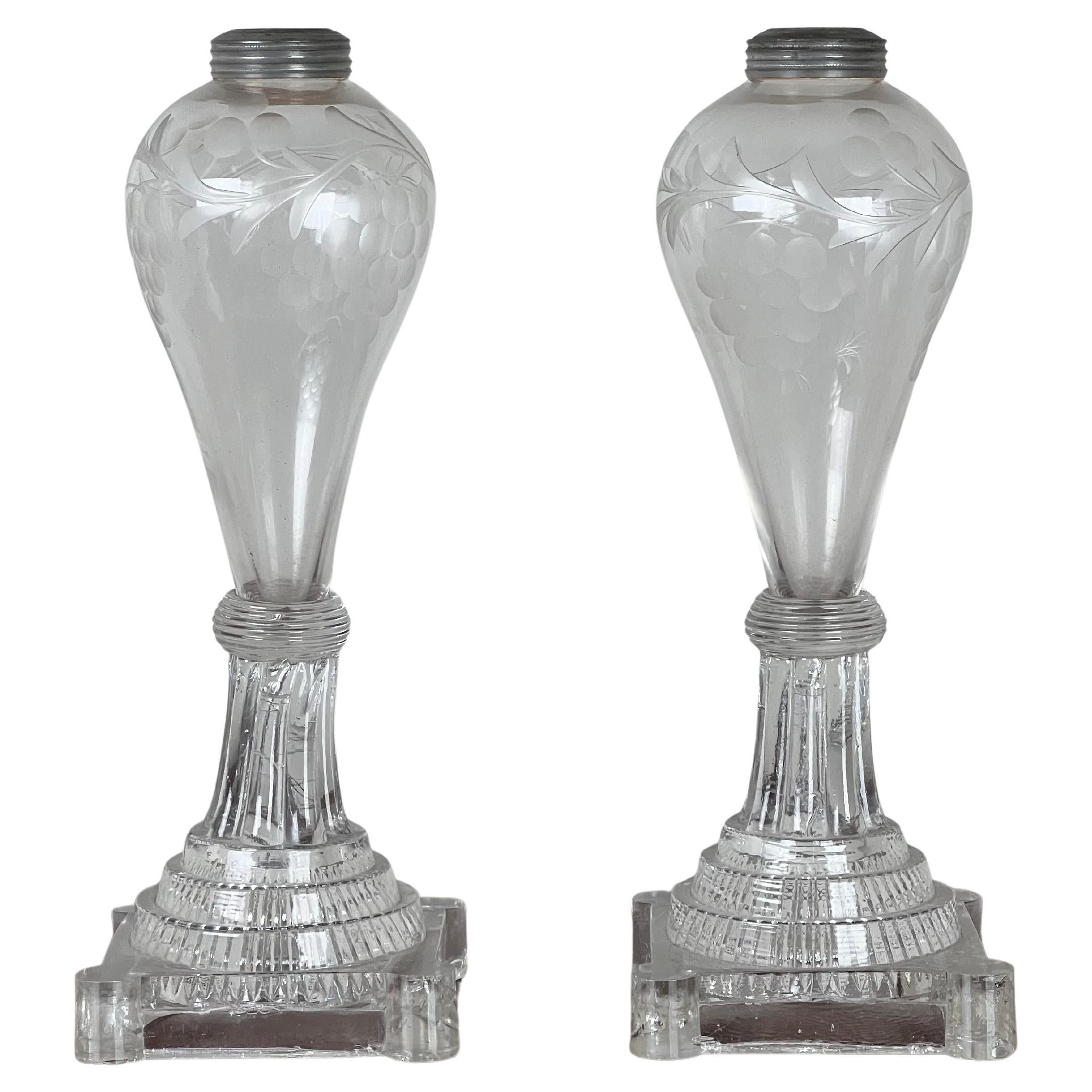 Pair Antique Sandwich Glass Whale Oil Lamps c. 1820