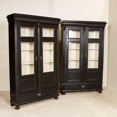 Pair, Antique Set of Black Painted Bookcases Display Cabinets