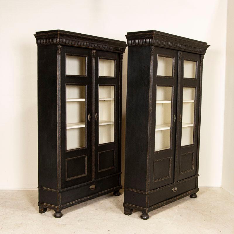 Hungarian Pair, Antique Set of Black Painted Bookcases Display Cabinets