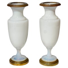 Pair Antique Sevres Bulle de Savon Opaline Glass Vases with Bronze Mounts