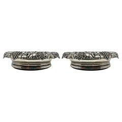 Pair Antique Sheffield Grape Motif Wine Coasters