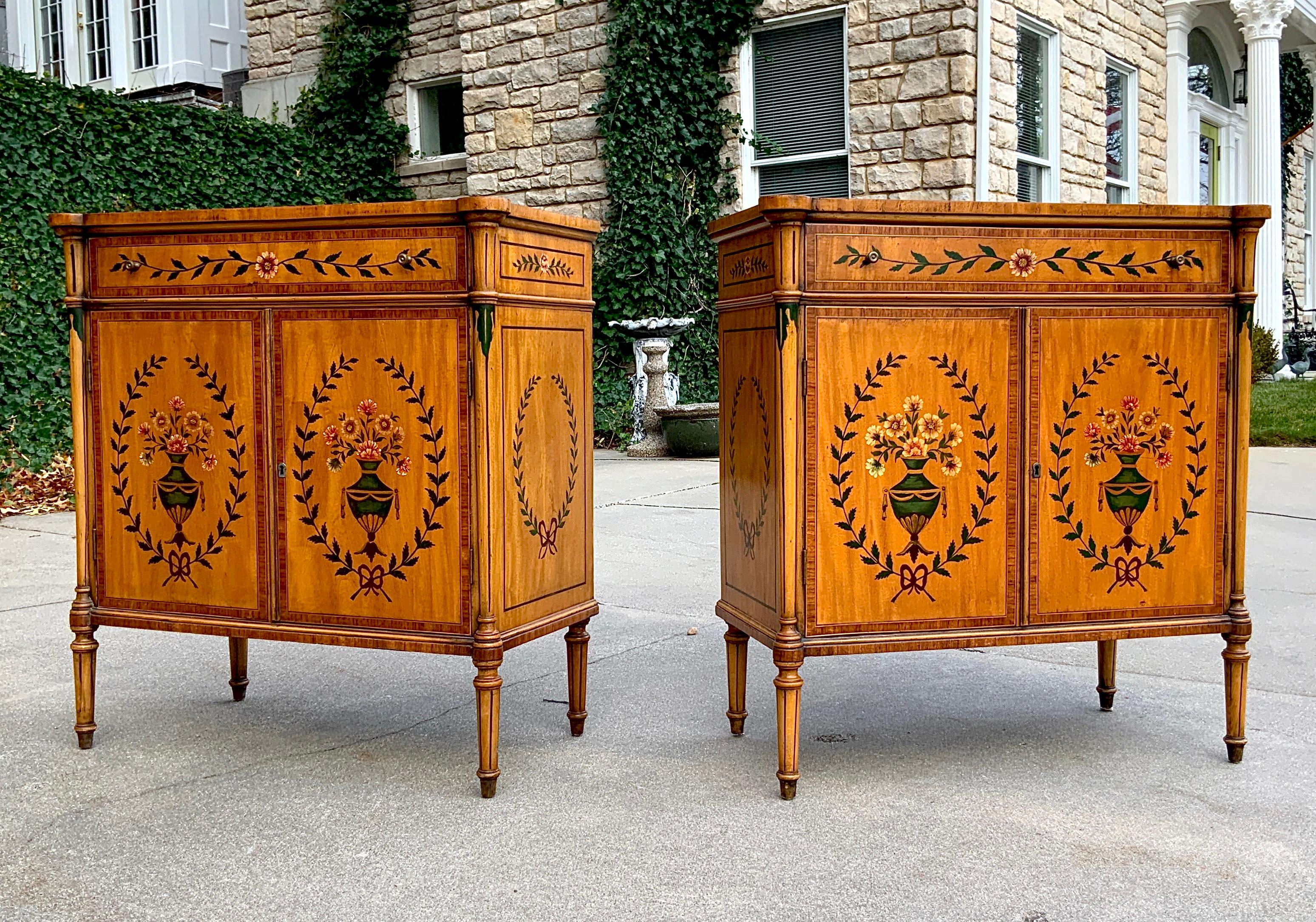 Pair of Antique Sheraton Style Hand Painted Inlaid Cabinets Nightstands 4