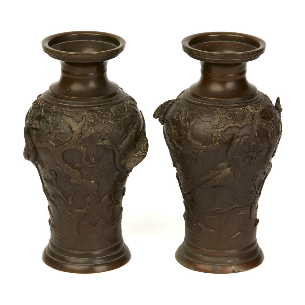 Patinated Pair Antique Signed Japanese Meiji Bronze Vases with Birds, 19th Century