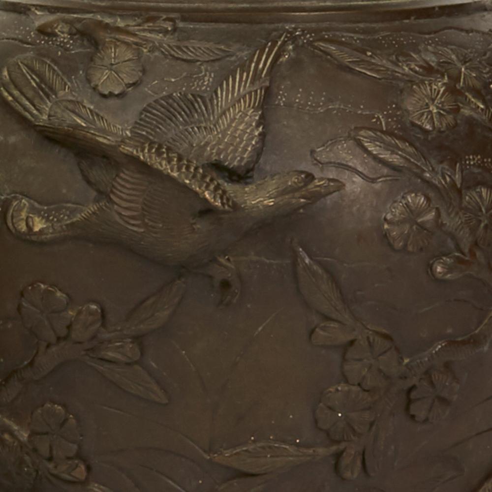 Pair Antique Signed Japanese Meiji Bronze Vases with Birds, 19th Century 3