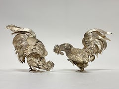 Pair Antique Silver Cockerel Rooster Figurines / Sculptures