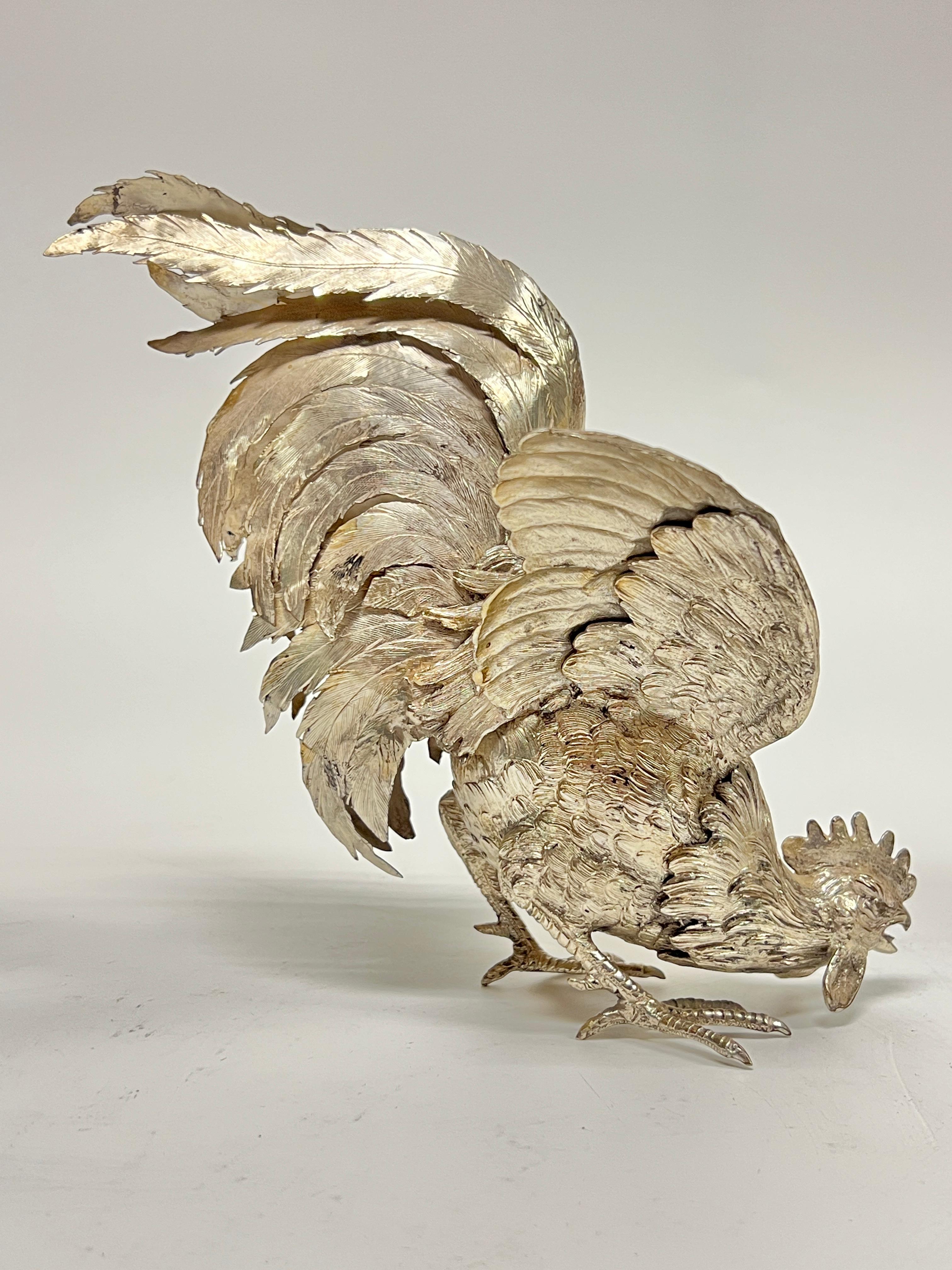 Pareja de Figurillas / Esculturas de Gallo de Plata Antiguas Silver en venta