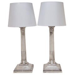 Pair Antique Silver Corinthian Column Table Lamps Desk Electric Lights 1913