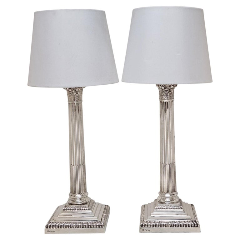 Pair Antique Silver Corinthian Column Table Lamps Desk Electric Lights 1913