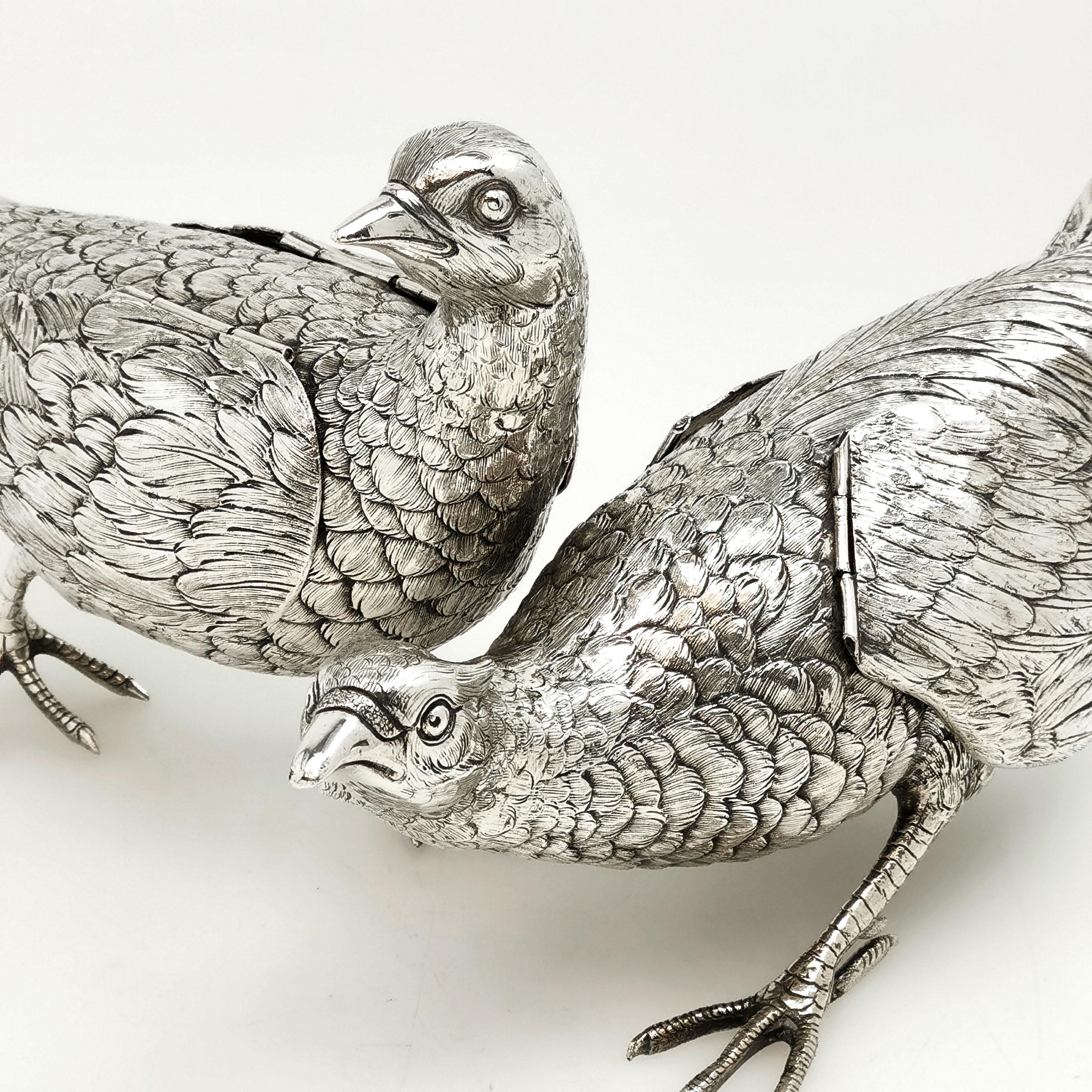 Pair Antique Silver Model Pheasants Figures, Germany c. 1900 Large In Good Condition In London, GB