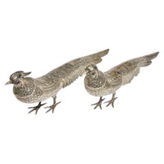 Pair Antique Silver Pheasants
