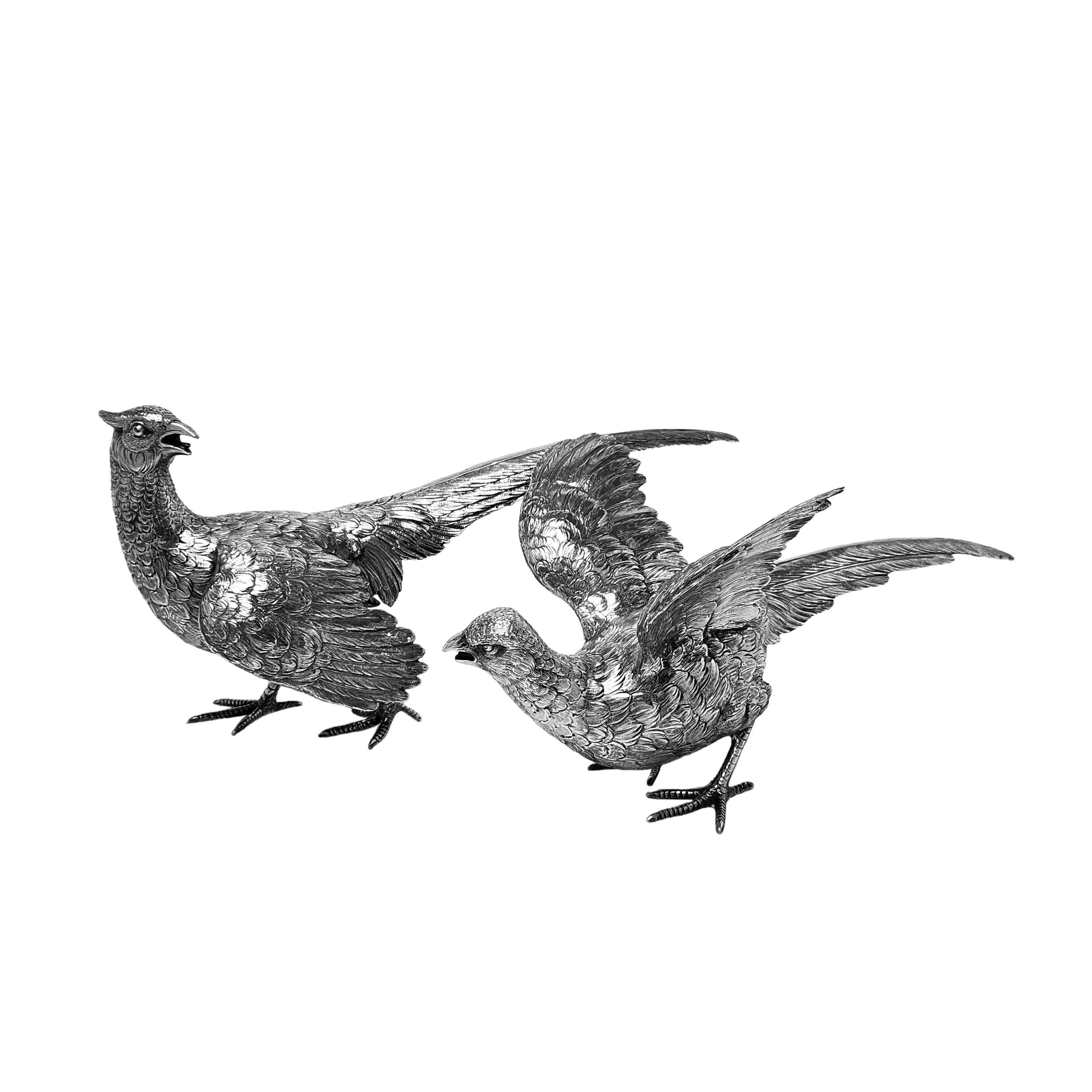 European Pair Antique Silver Pheasants Model Birds Figurines Germany c. 1900 For Sale