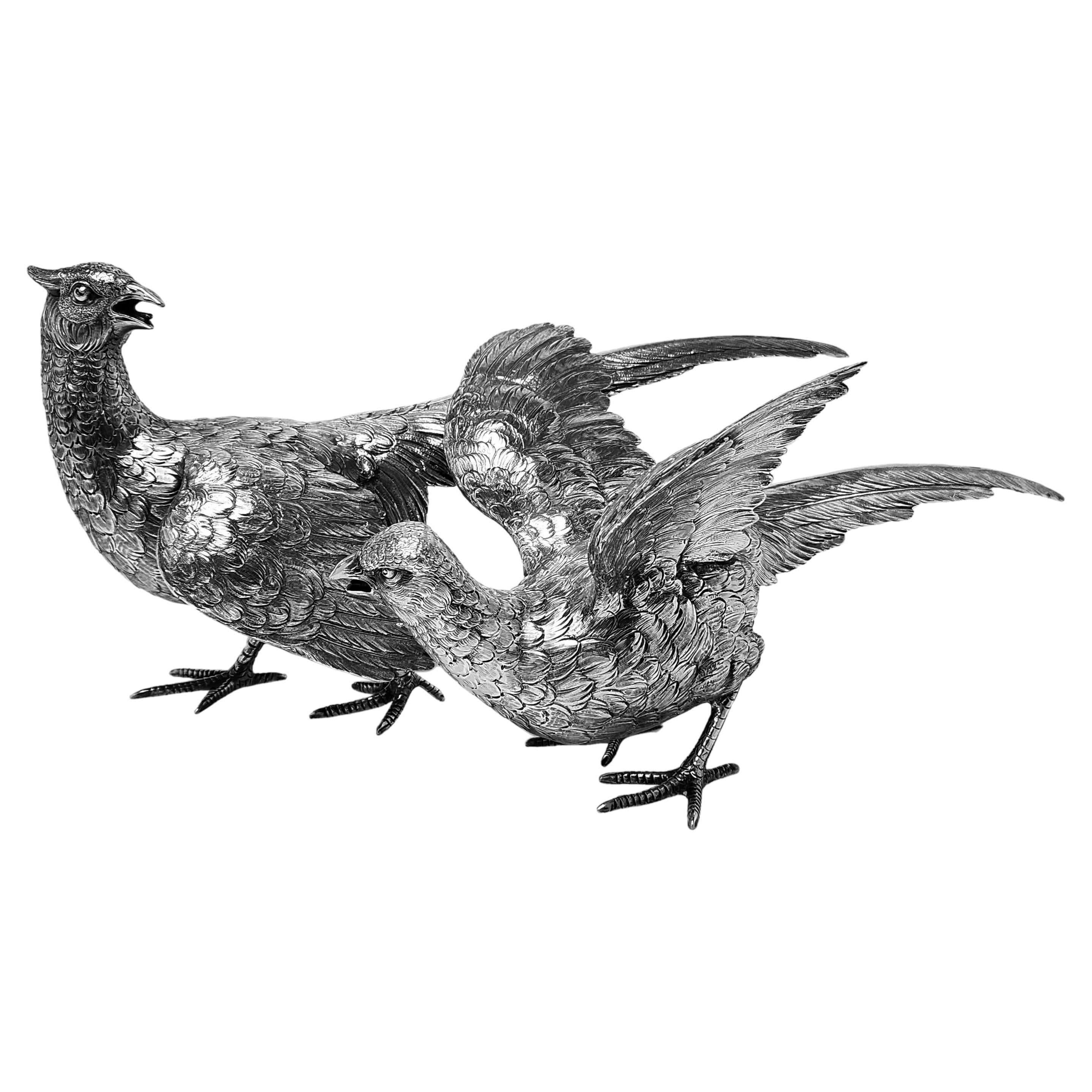 Pair Antique Silver Pheasants Model Birds Figurines Germany c. 1900 For Sale