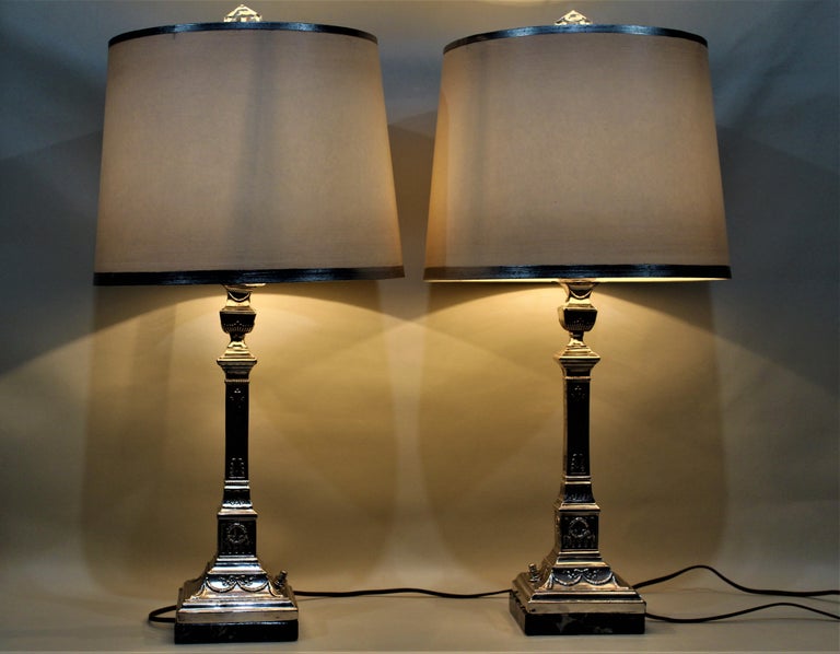 Pair of Antique Silver Plated Converted Candlestick Lamps J. Ehrlich