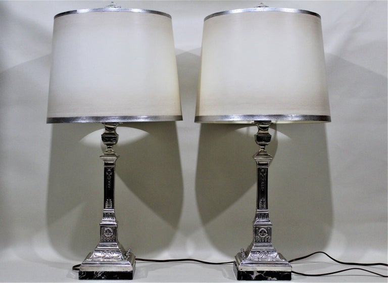 Pair of Antique Silver Plated Converted Candlestick Lamps J. Ehrlich