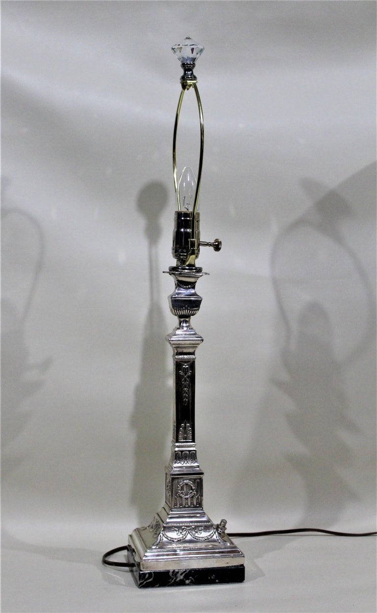 Pair of Antique Silver Plated Converted Candlestick Lamps J. Ehrlich