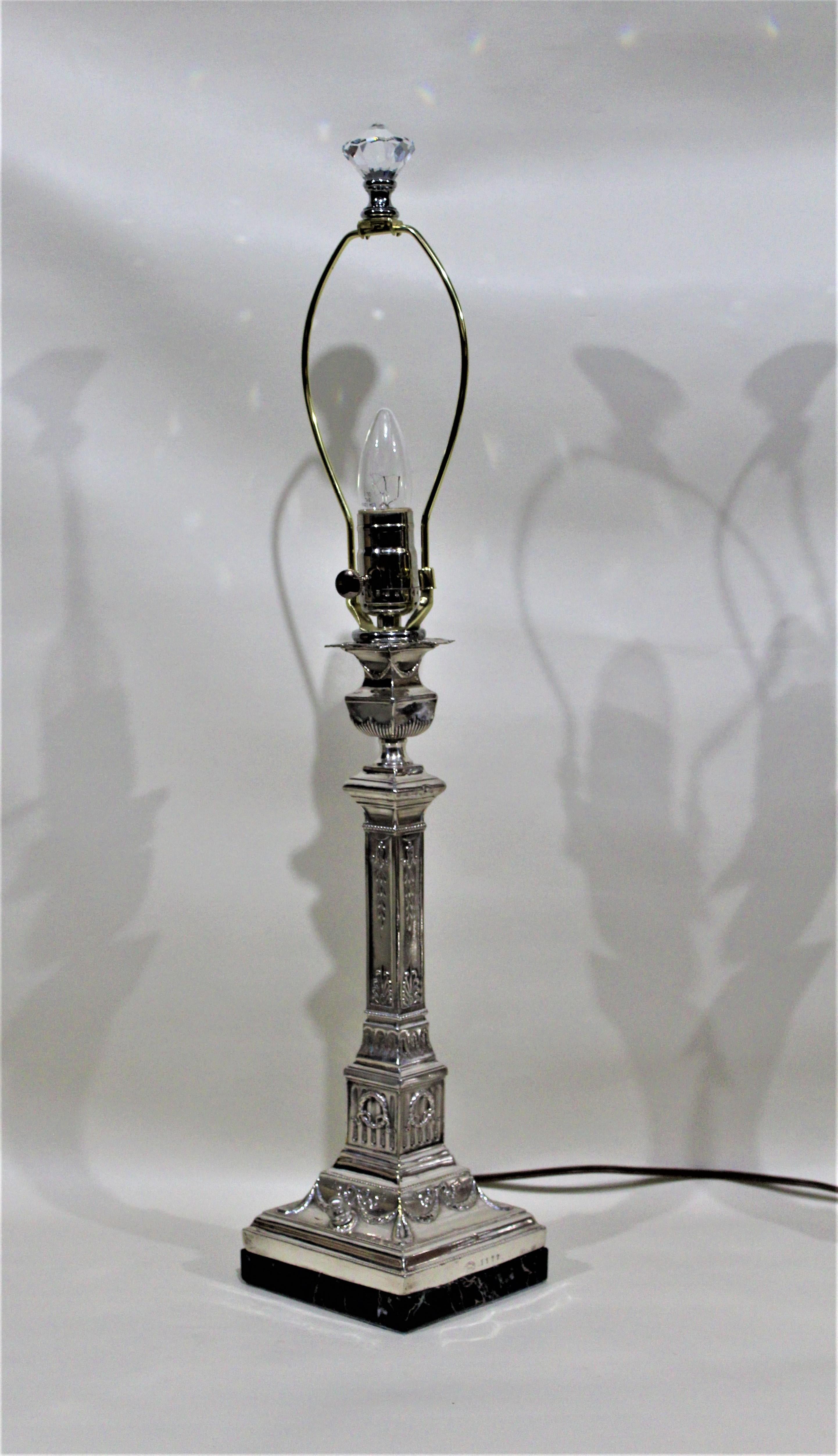 Polish Pair of Antique Silver Plated Converted Candlestick Lamps J. Ehrlich, Poland
