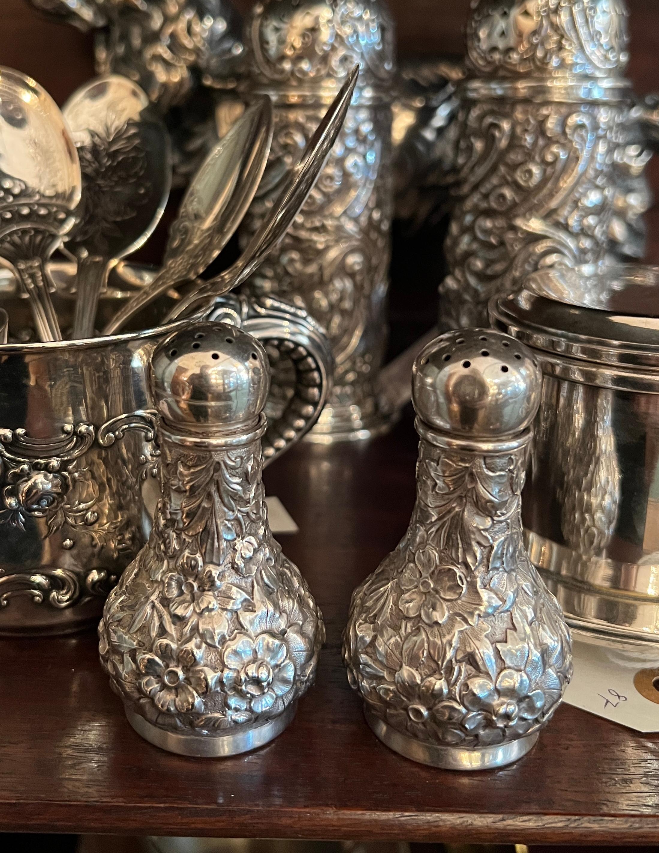 19th Century Pair Antique Silver Repousse Salt and Pepper Shakers, Circa 1880's. For Sale