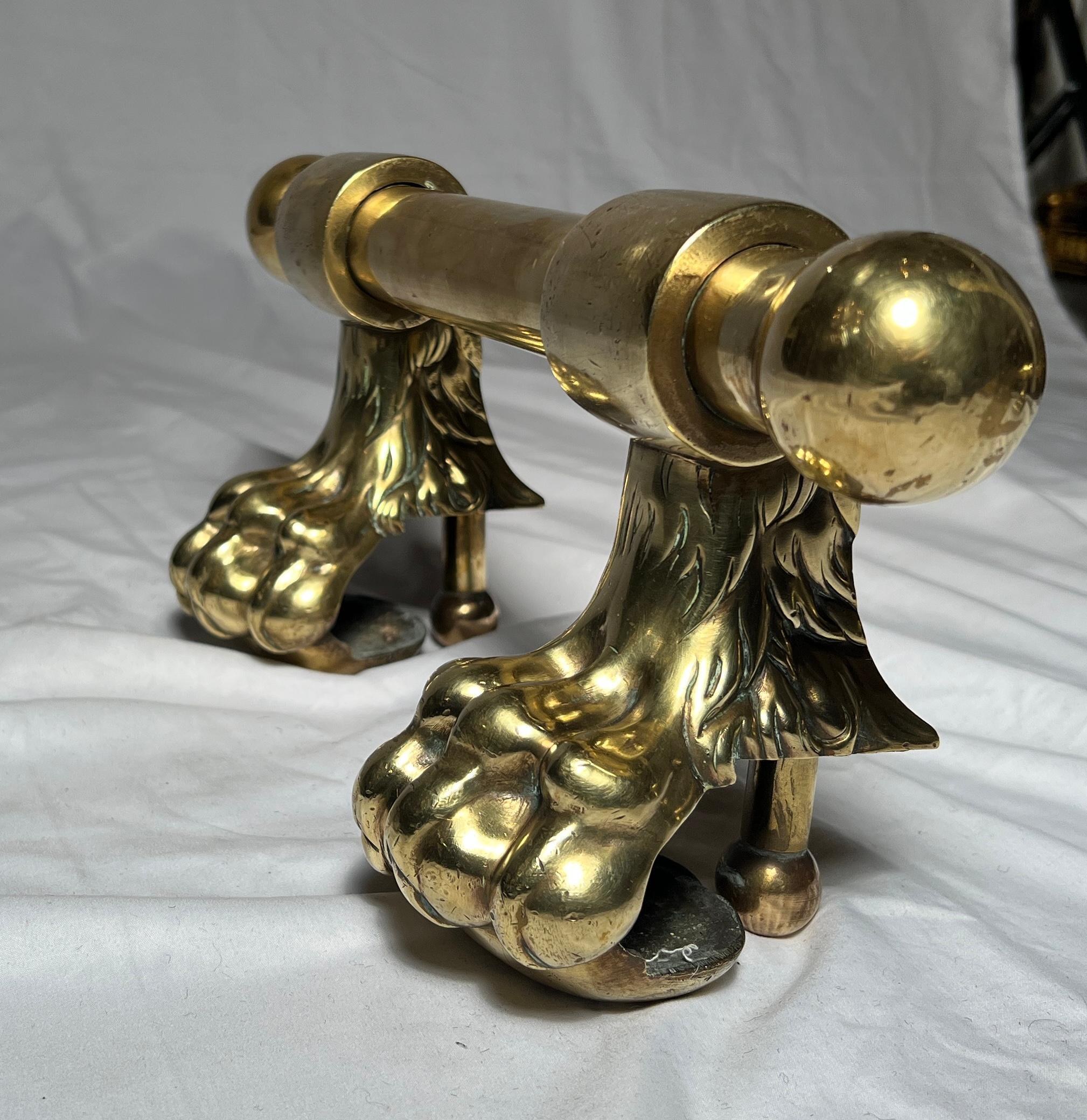 Mid-19th Century Pair Antique Solid Brass Victorian (1860-70) Fire Dogs For Sale