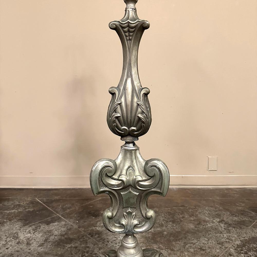 Pair Antique Solid Pewter Baroque Style Candlestick Floor Lamps For Sale 5