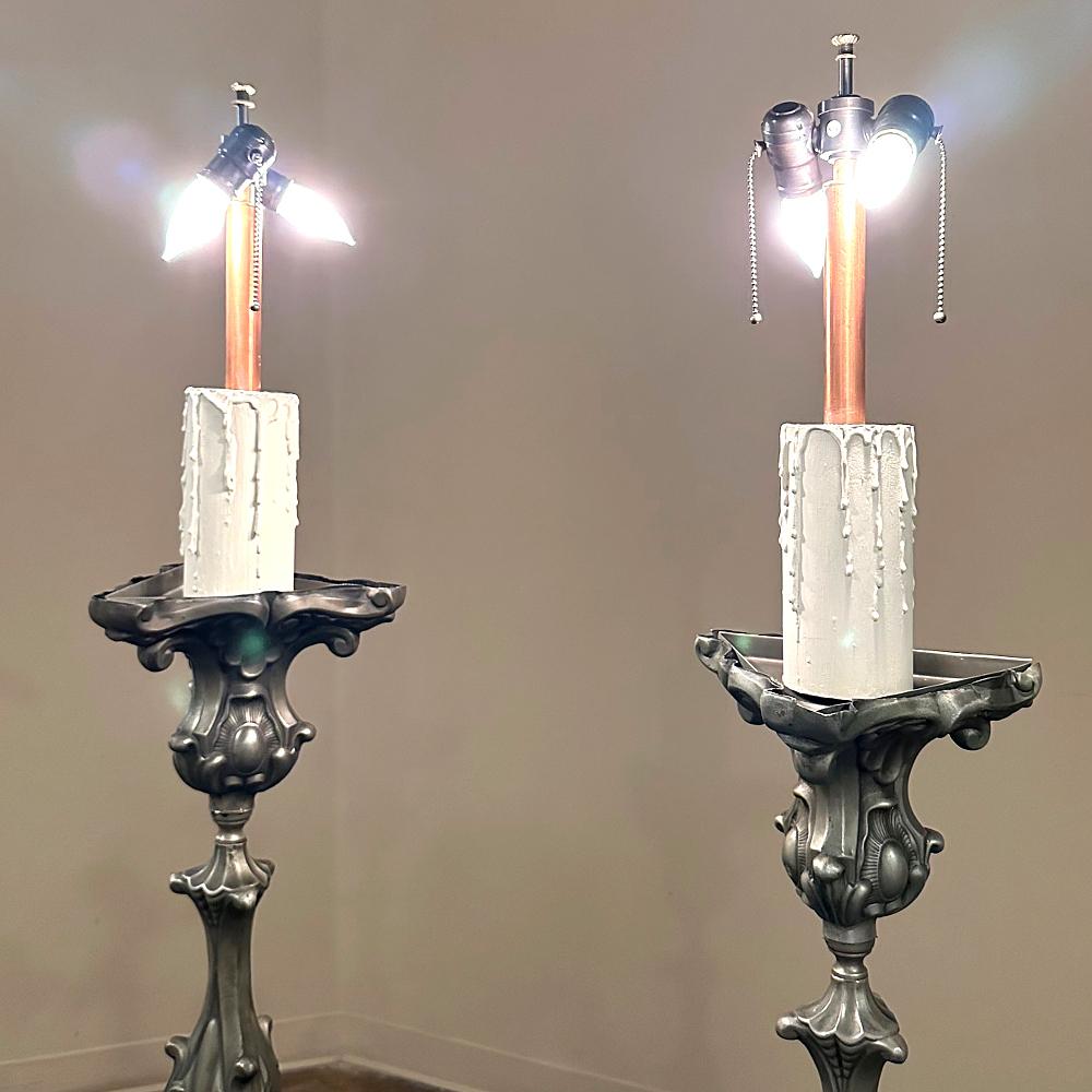 Pair Antique Solid Pewter Baroque Style Candlestick Floor Lamps For Sale 11