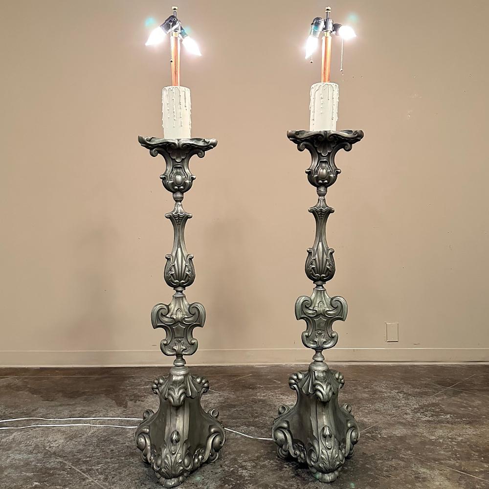 PAIR Antique Solid Pewter Baroque Style Candlestick Floor Lamps will add symmetry, added light, and Old World styling to any room! Professionally electrified, each features a large candlesleeve with brass extension fitted with two sockets. Each