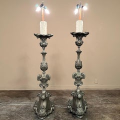 Pair Antique Solid Pewter Baroque Style Candlestick Floor Lamps