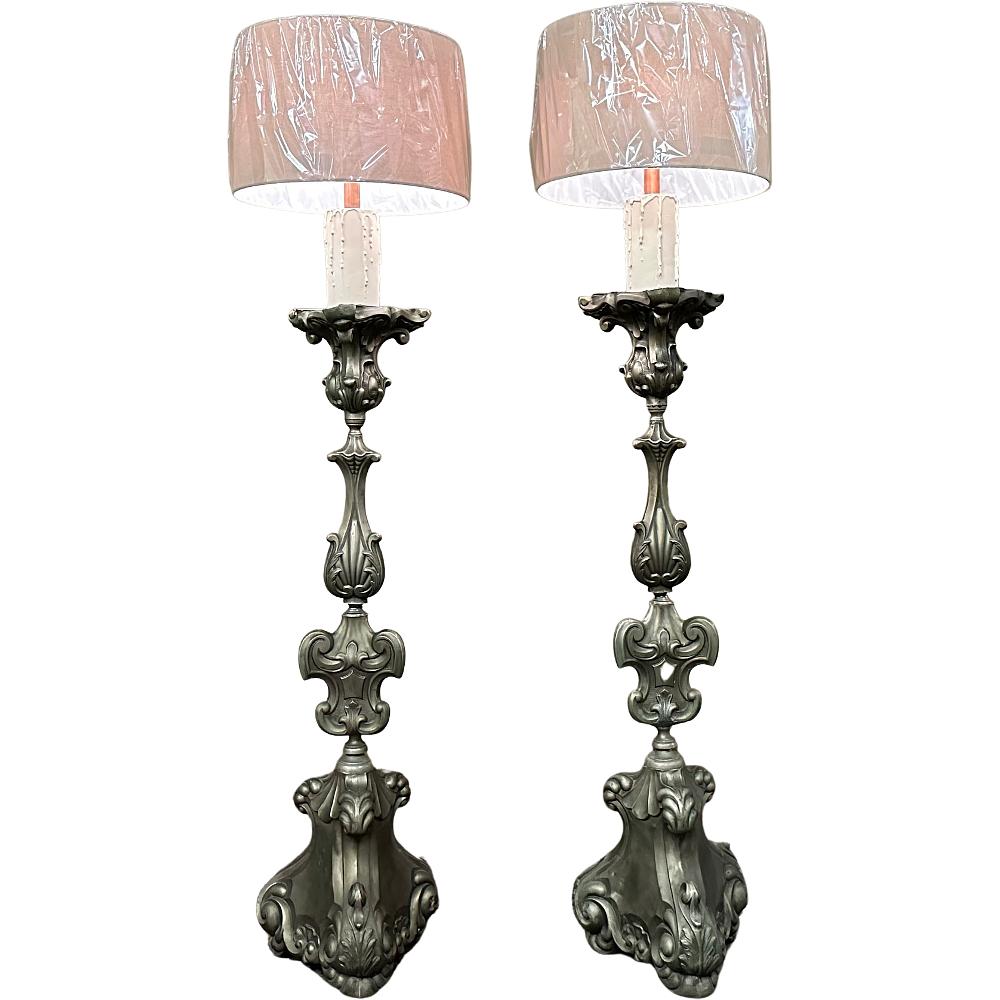 Baroque Revival Pair Antique Solid Pewter Baroque Style Candlestick Floor Lamps For Sale