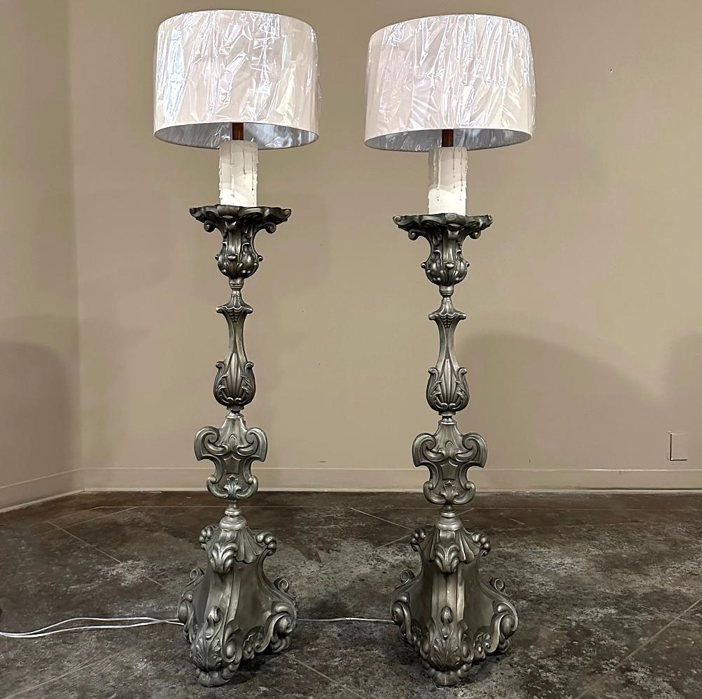 Belgian Pair Antique Solid Pewter Baroque Style Candlestick Floor Lamps For Sale