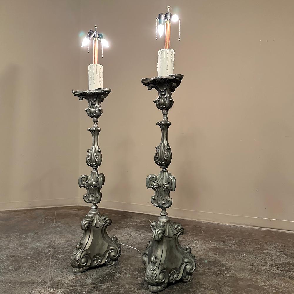 Hand-Crafted Pair Antique Solid Pewter Baroque Style Candlestick Floor Lamps For Sale