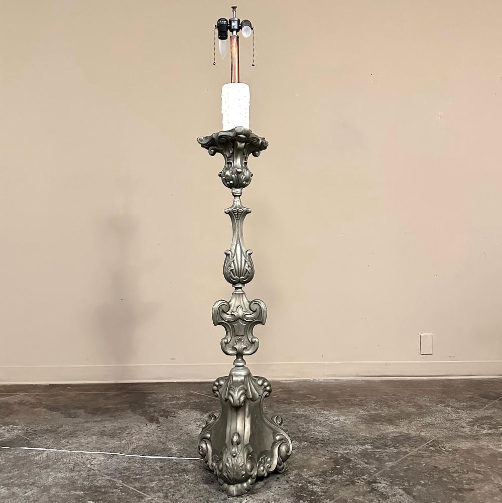 Pair Antique Solid Pewter Baroque Style Candlestick Floor Lamps In Good Condition For Sale In Dallas, TX
