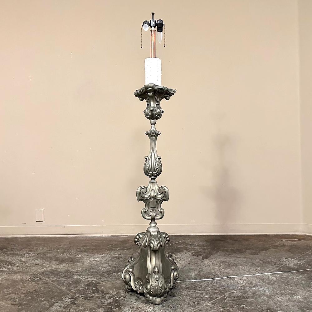 20th Century Pair Antique Solid Pewter Baroque Style Candlestick Floor Lamps For Sale