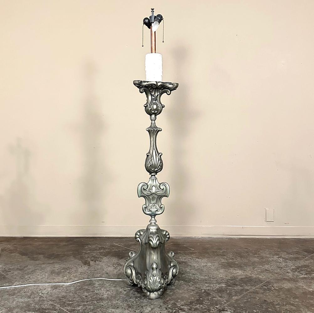 Pair Antique Solid Pewter Baroque Style Candlestick Floor Lamps For Sale 1