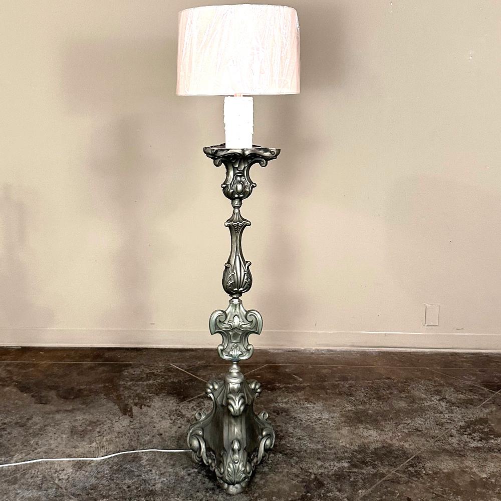 Pair Antique Solid Pewter Baroque Style Candlestick Floor Lamps For Sale 2