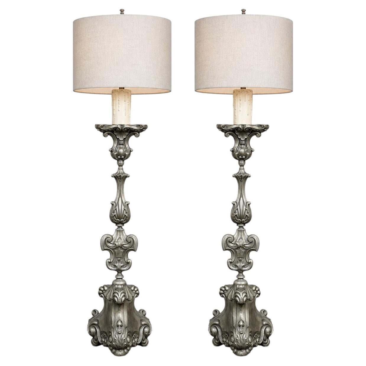 PAIR Antique Solid Pewter Baroque Style Candlestick Floor Lamps