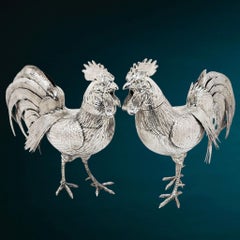 Pair Antique Solid Silver Cockerels Model Roosters Import Mark Chester 1903 / 04