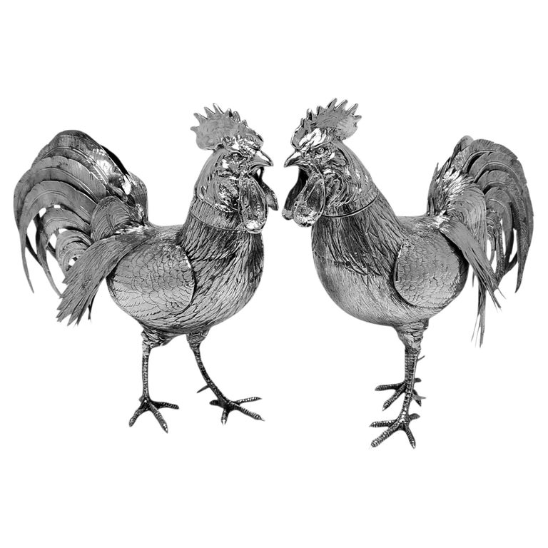 Pair Antique Solid Silver Cockerels Model Roosters Import Mark Chester 1903 / 04