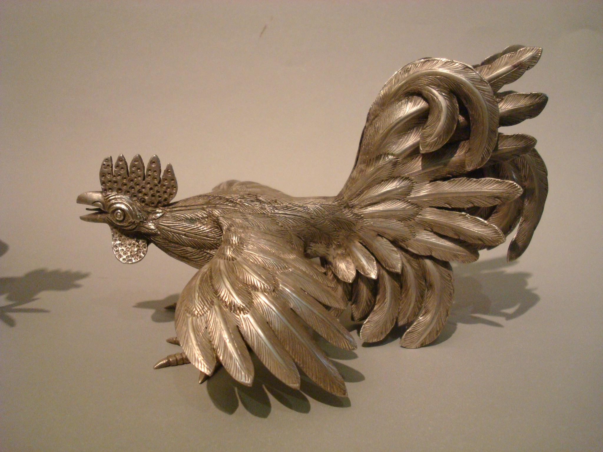Pair of Antique Solid Silver Cockerels or Roosters in an Attitude of Fighting For Sale 4