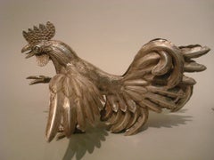 Pair of Antique Solid Silver Cockerels or Roosters in an Attitude of Fighting