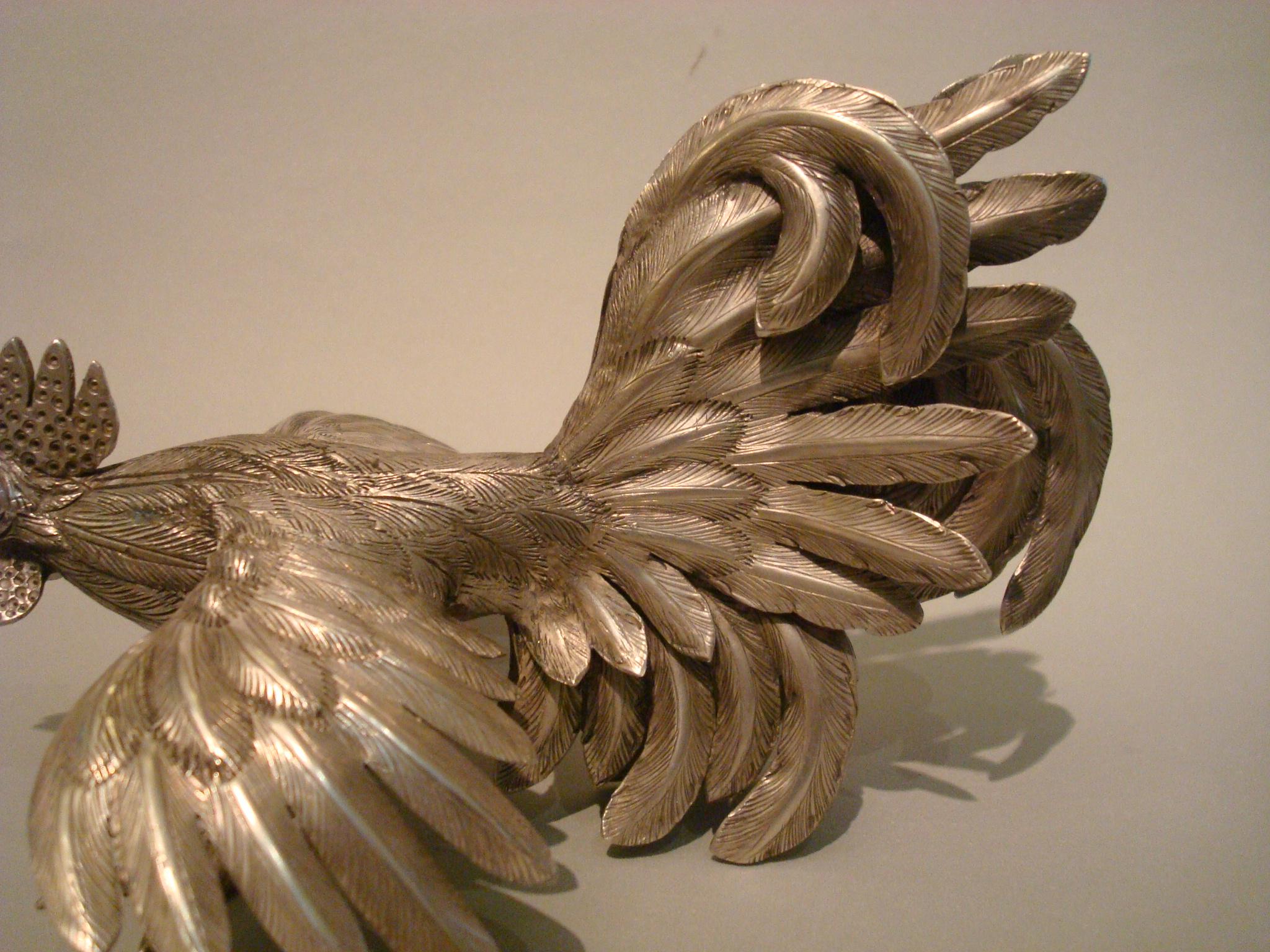 20th Century Pair of Antique Solid Silver Cockerels or Roosters in an Attitude of Fighting For Sale