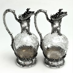 Pair French Antique Solid Silver and Glass Claret Jugs / Wine Decanters c. 1890