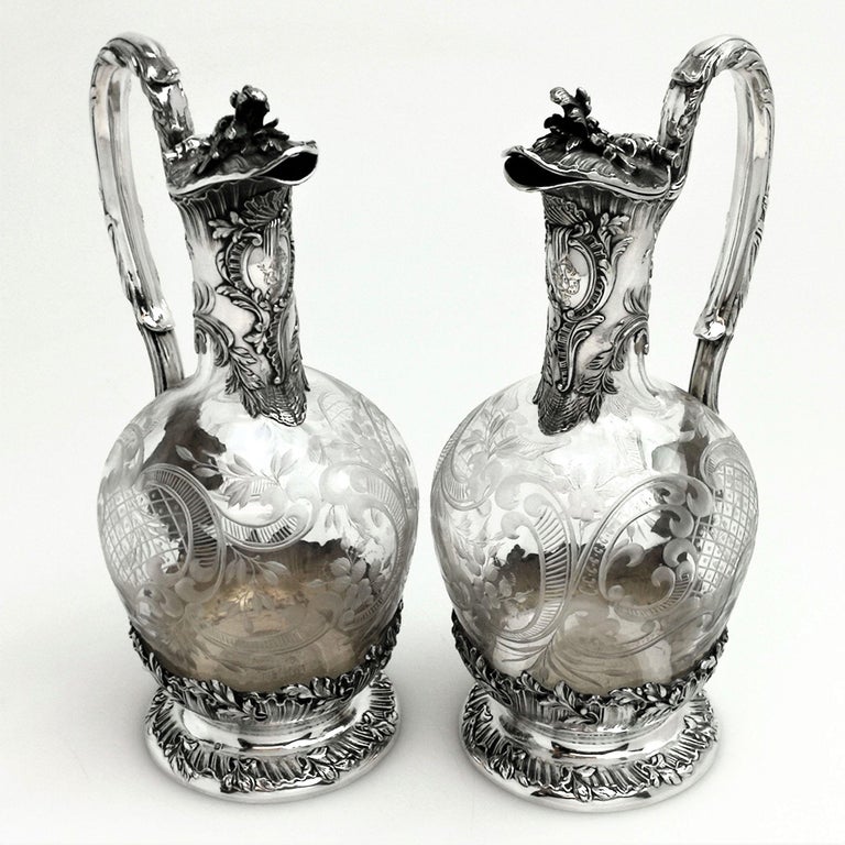 Pair French Antique Solid Silver and Glass Claret Jugs / Wine Decanters