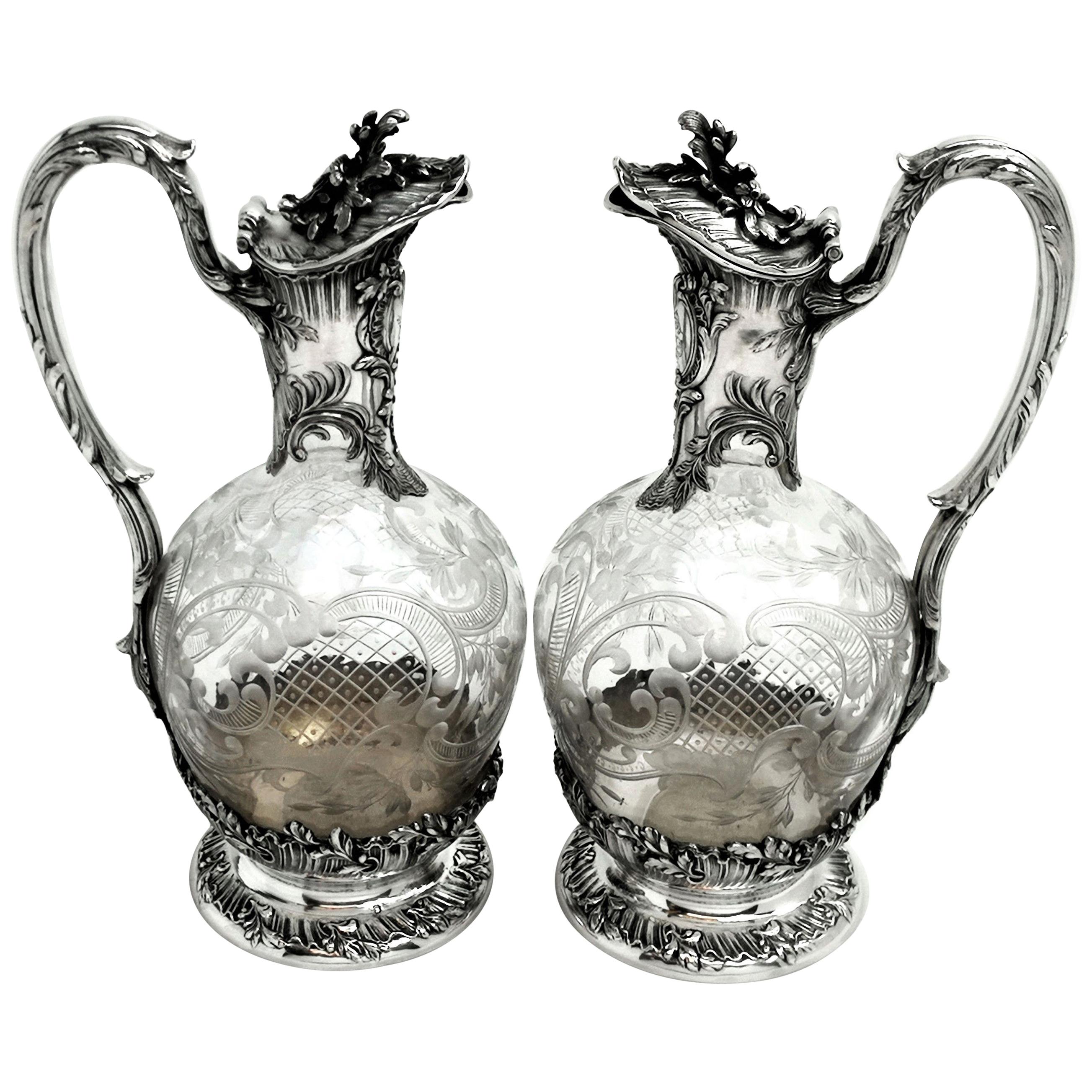 Pair French Antique Solid Silver and Glass Claret Jugs / Wine Decanters c. 1890