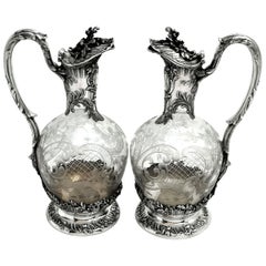 Pair French Antique Solid Silver and Glass Claret Jugs / Wine Decanters c. 1890