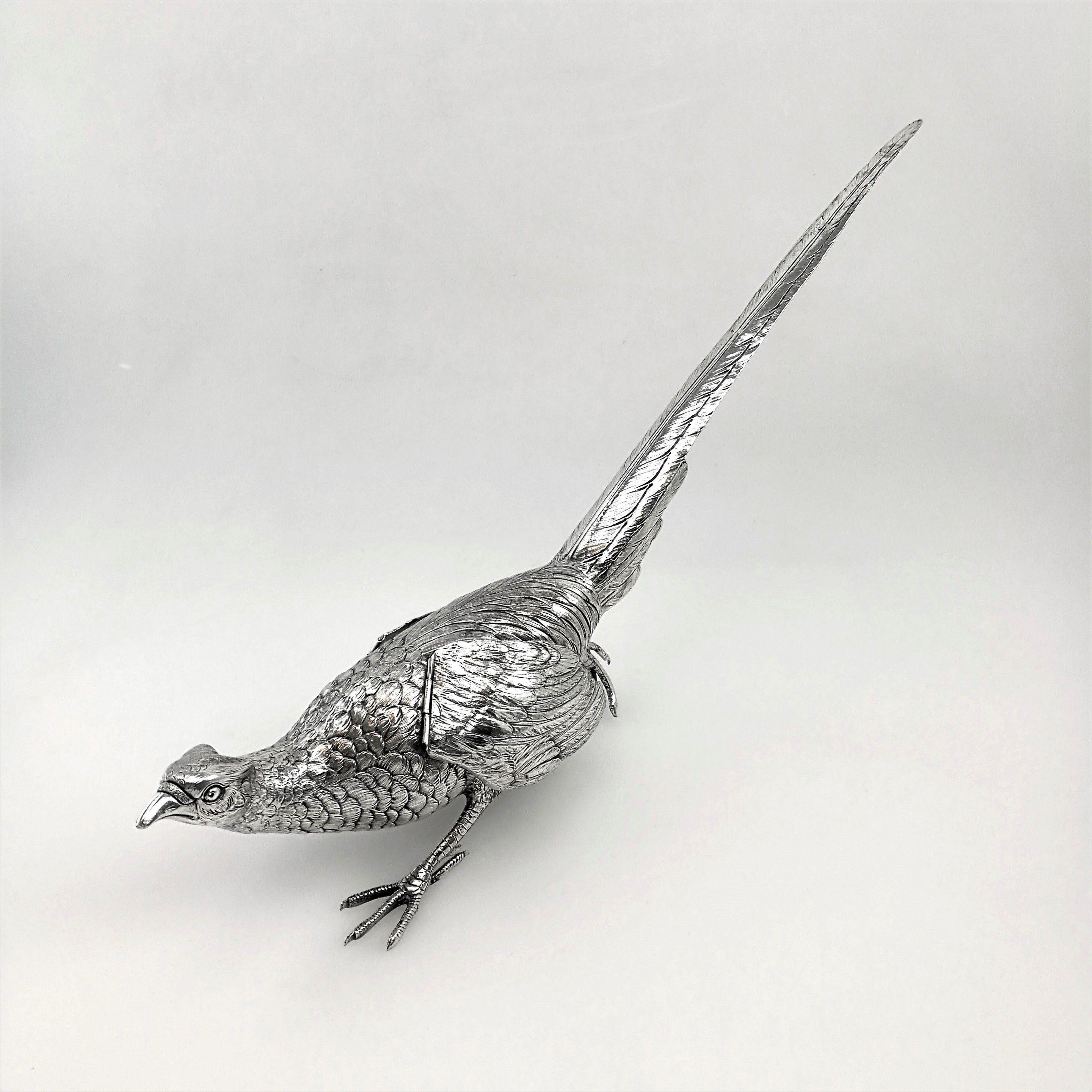 Pair of Solid Silver Pheasants Model Figure Statue German Birds, circa 1890 In Good Condition In London, GB